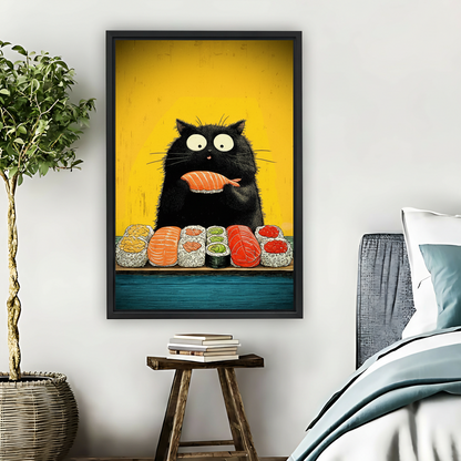 Funny Black Cat Sushi Lover Framed Canvas Wall Art| Liberty Signs #L1634