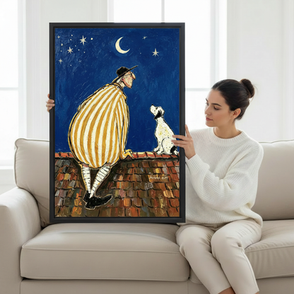 Woman holding large framed man and dog rooftop starry night moon oil painting wall art print in black frame showing actual print size on cream sofa in bright minimalist living room