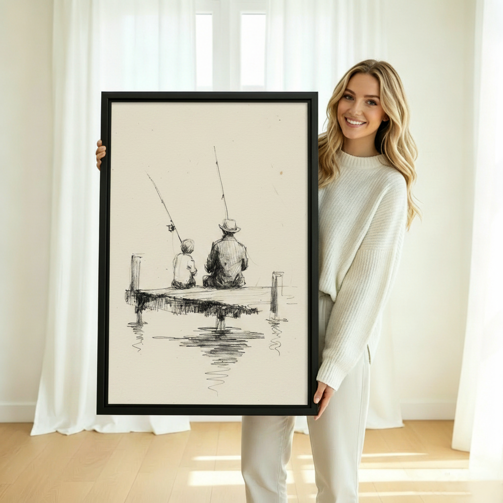 Woman holding large framed father and son fishing dock charcoal sketch wall art print in black frame showing actual print size in bright white studio with sheer curtains