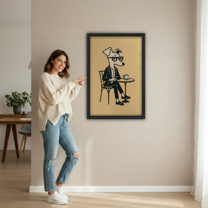 Woman pointing at funny greyhound dog in suit at cafe table mid-century wall art print in black frame showing actual print size in bright minimalist hallway with wooden desk and green plant