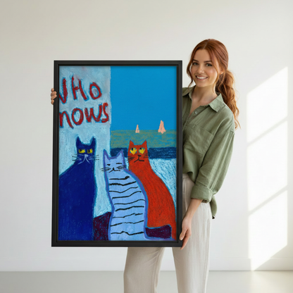 Woman holding large framed three cats "Who Knows" wall art print, black frame, bold blue oil painting style, showing actual print size