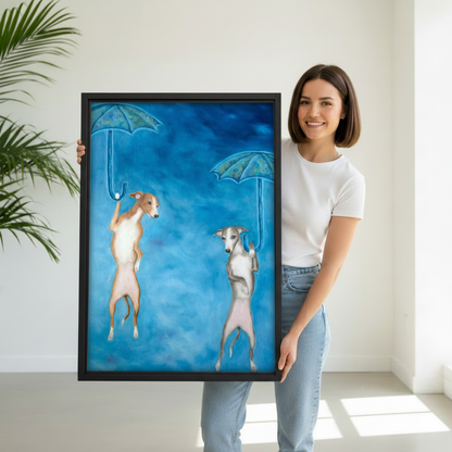 Premium framed greyhound canvas art print, two whippets with teal umbrellas, wall art gift for dog lovers