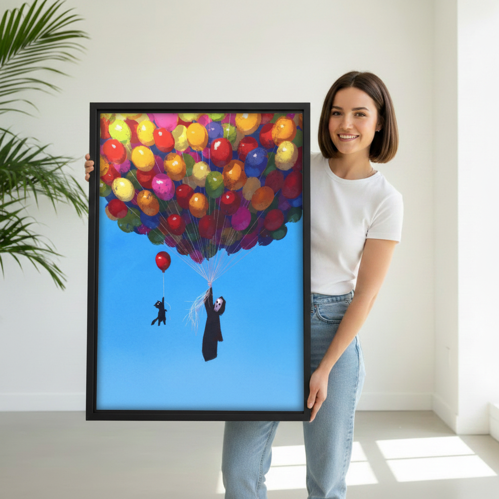  Woman holding large framed grim reaper black cat colorful balloon wall art print, black frame, vibrant oil painting style, showing actual print size
