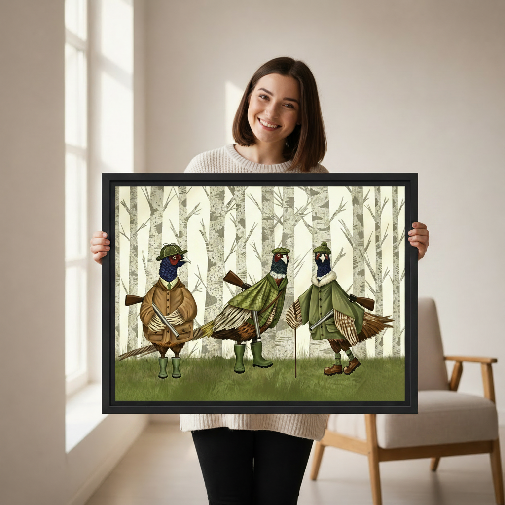 Smiling woman holding whimsical pheasant hunters framed canvas wall art, funny bird print black frame