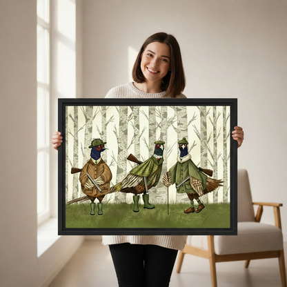 Smiling woman holding whimsical pheasant hunters framed canvas wall art, funny bird print black frame