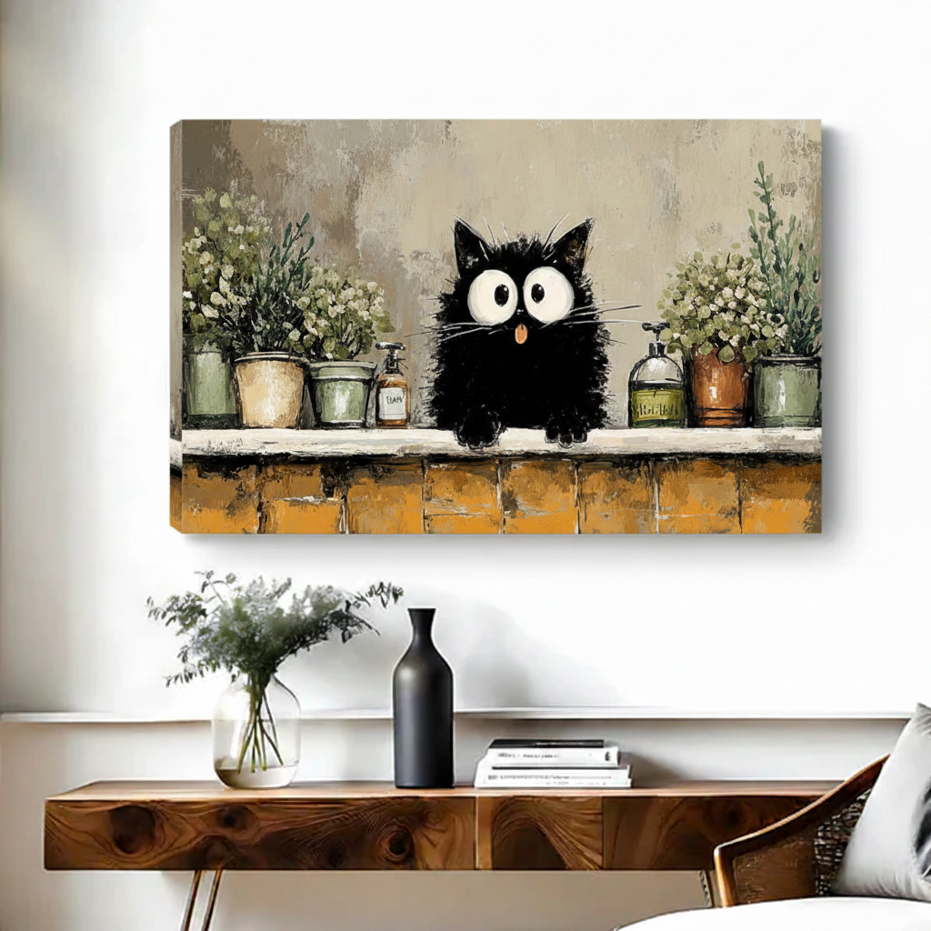 Black cat canvas wall art no frame, rustic living room home decor