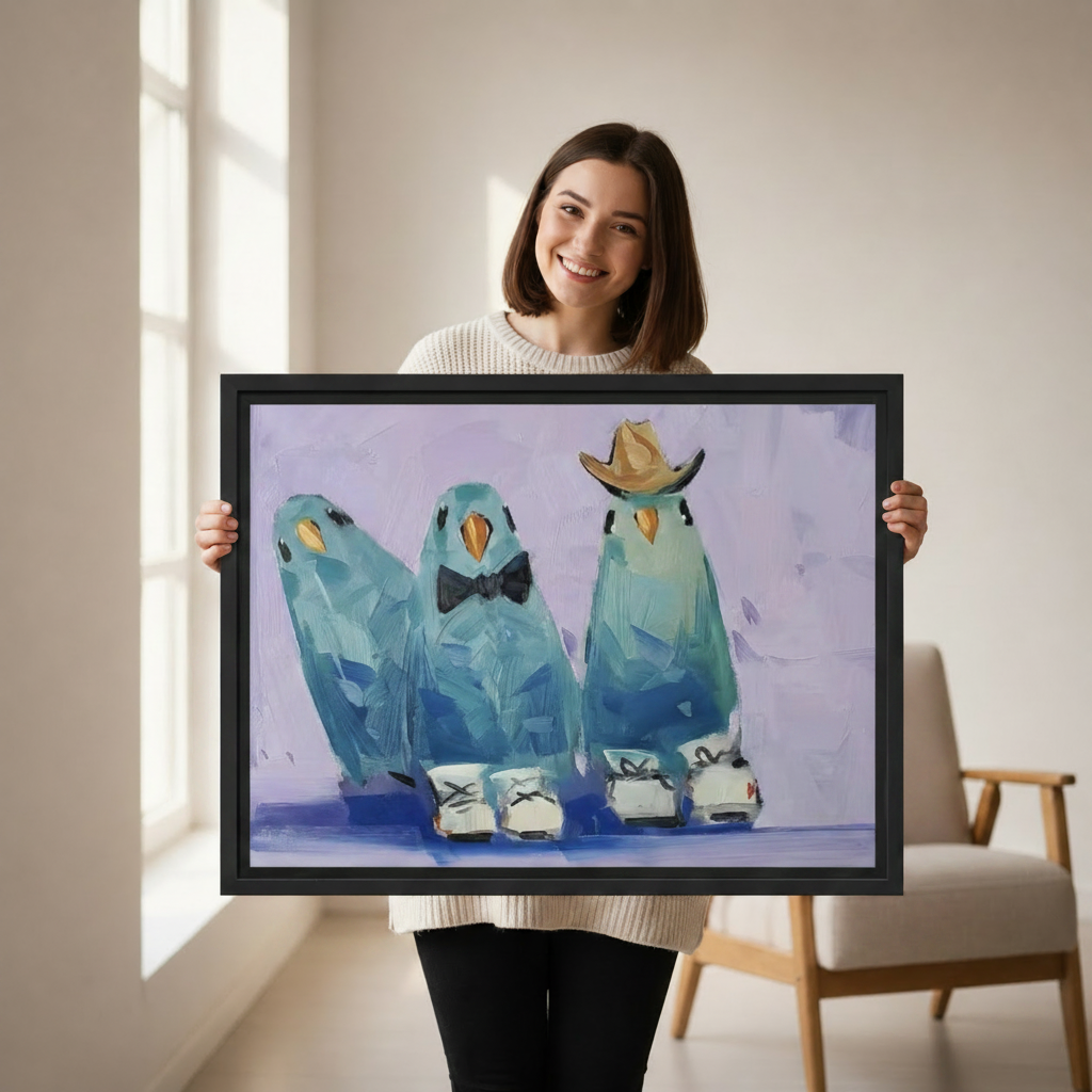 Woman holding large whimsical parakeet trio canvas print, funny dressed teal birds wall art, cute eclectic home decor gift idea