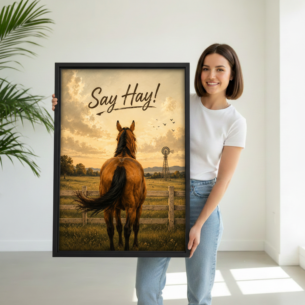 Say Hay! farmhouse horse canvas wall art — woman holding large framed print in a modern interior