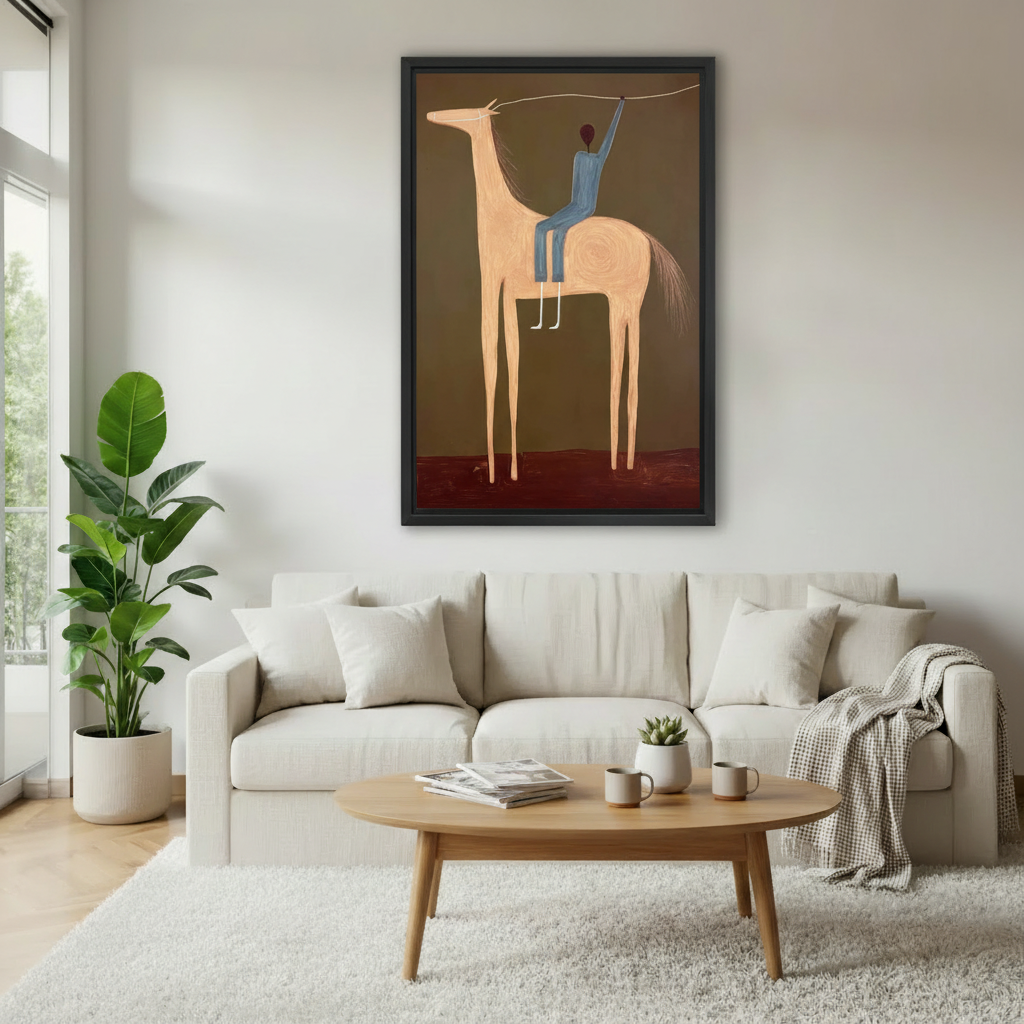 Minimalist horse rider framed canvas art hanging in bright Scandinavian living room — boho equestrian wall decor