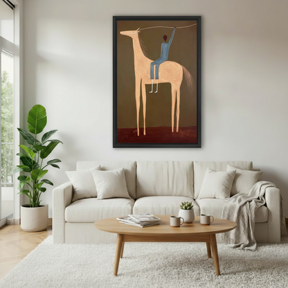 Minimalist horse rider framed canvas art hanging in bright Scandinavian living room — boho equestrian wall decor