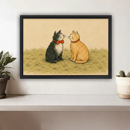 Framed vintage cat art print showing two cats facing each other on grass, black frame, wall decor