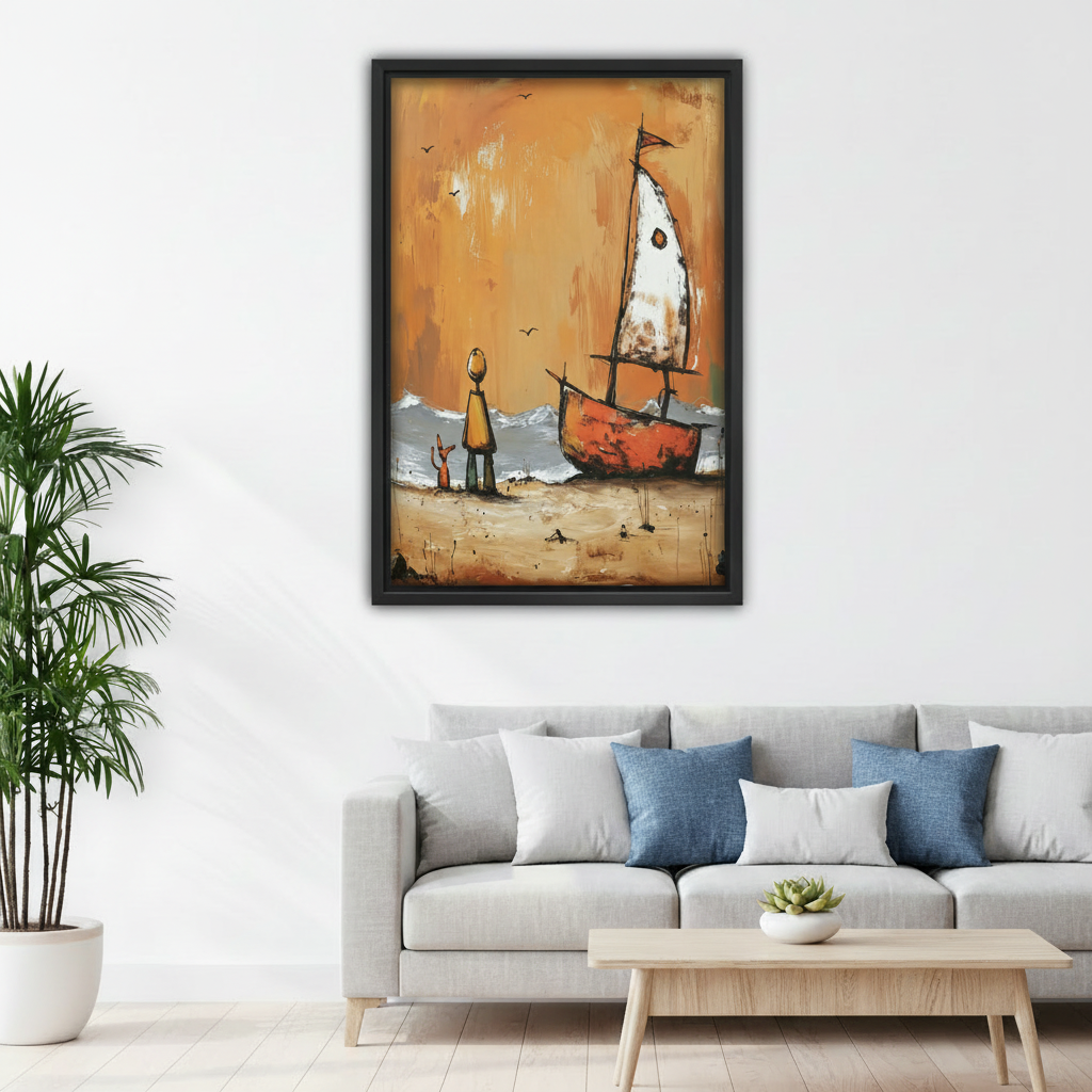 Vintage sailboat dog owner framed print above living room sofa, warm golden coastal wall art for modern home decor