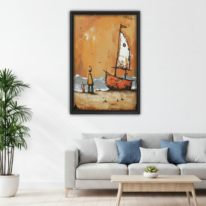 Vintage sailboat dog owner framed print above living room sofa, warm golden coastal wall art for modern home decor