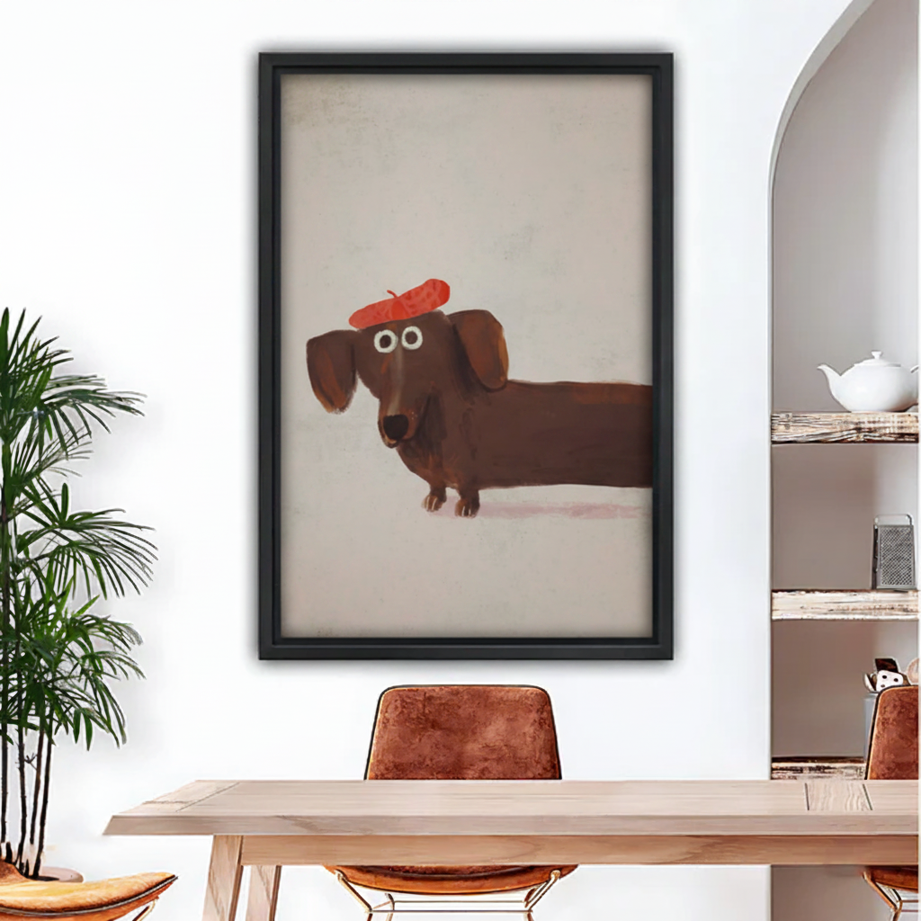 Dachshund red beret oil painting framed canvas wall art held by woman, quirky brown wiener dog portrait with red hat, charming dog lover gift