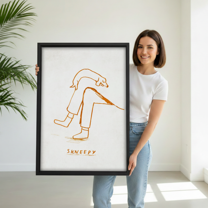 Skneepy minimalist dog line art framed canvas hanging in dining room, golden single-line dog on lap illustration, stylish dog lover wall art gift