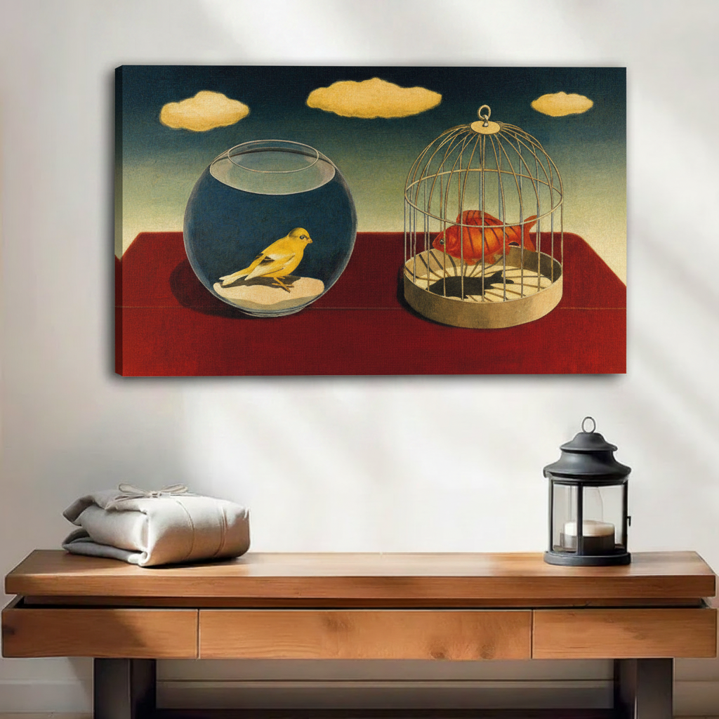 Surrealist canvas art print unframed — canary in fishbowl goldfish in birdcage wall decor for eclectic home