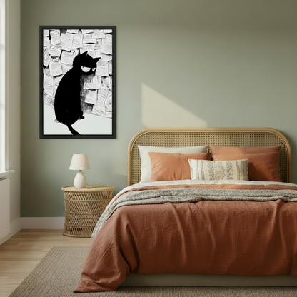Black cat ink sketch wall art print in cozy bedroom — moody funny cat canvas, modern bedroom wall decor