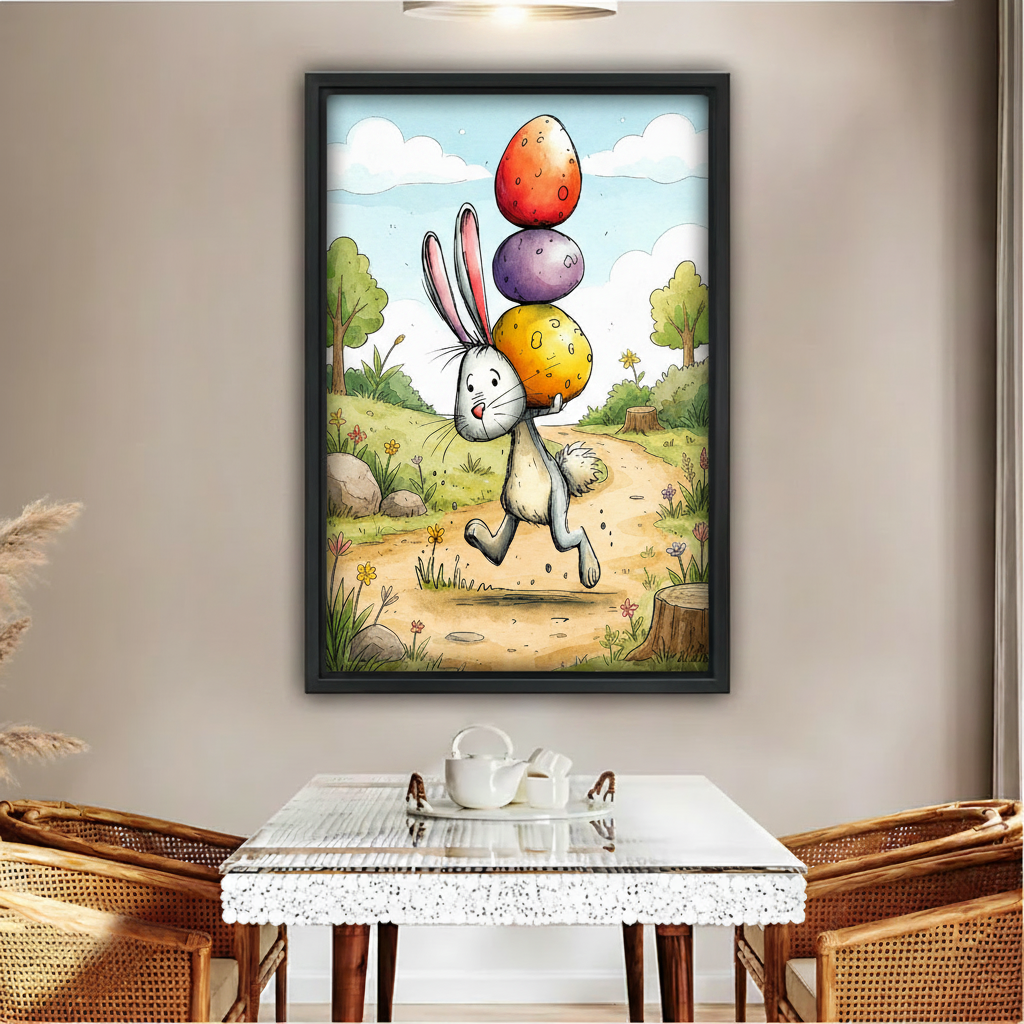 Easter bunny cartoon wall art print, white rabbit balancing colorful eggs running in meadow, black frame