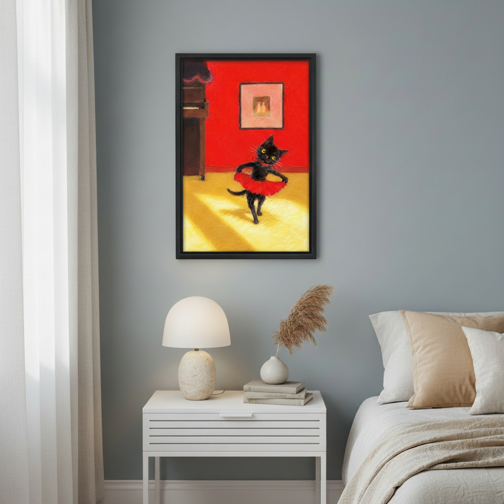 Framed black cat oil painting above bedside table in blue-gray bedroom