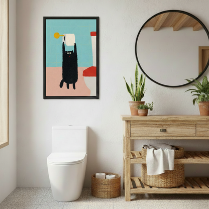 Humorous black cat framed canvas print — quirky bathroom wall art for home decor