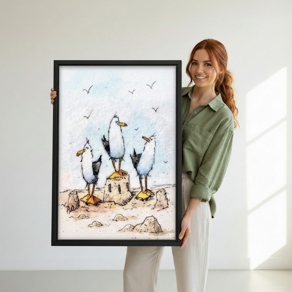 Woman holding whimsical seagulls beach watercolor canvas wall art print in black frame, playful coastal bird poster