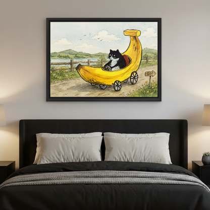 Funny cat banana car art print displayed in bedroom, framed wall art