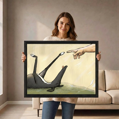 Woman holding funny dog belly rub Creation of Adam parody canvas print pet lover wall art
