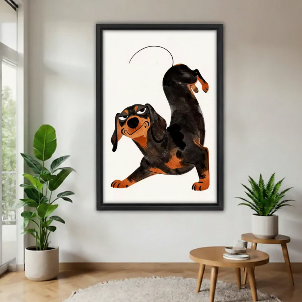 Funny dachshund vintage cartoon framed canvas wall art print in black frame — retro humorous dog home decor