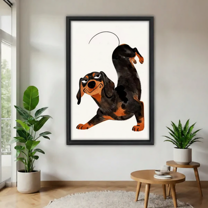 Funny dachshund vintage cartoon framed canvas wall art print in black frame — retro humorous dog home decor