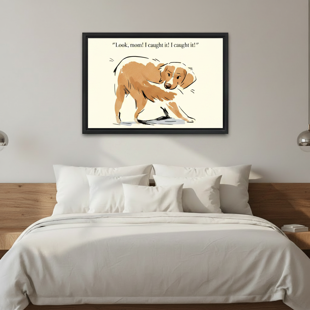 Humorous dog chasing tail framed canvas art — funny sketch pet print perfect for dog lover gift and home decor