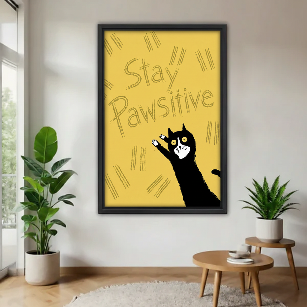 Stay Pawsitive black cat retro quote framed canvas wall art – black frame, mustard yellow background, tuxedo cat raising paw, hung in bright Scandinavian living room with cream sofa and tropical plant