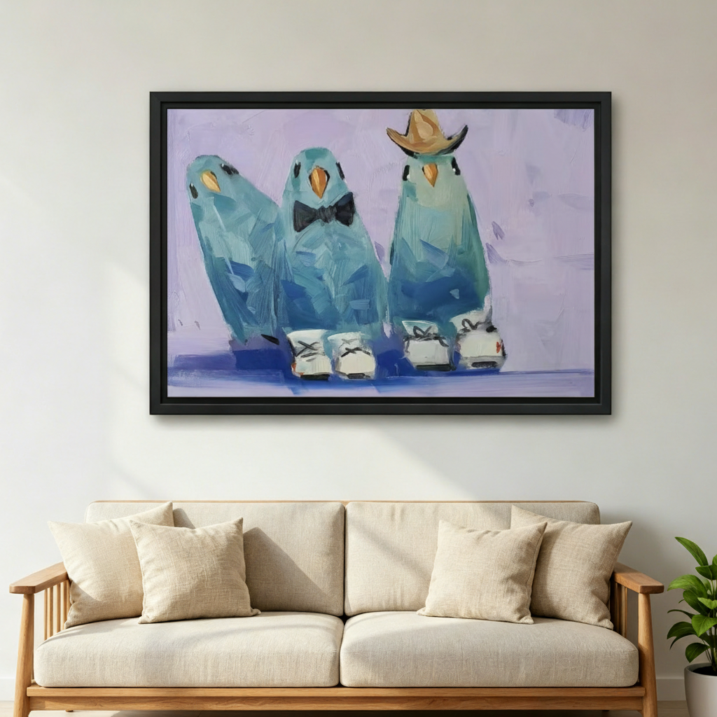 Funny parakeet trio canvas wall art hung above bed in cozy bedroom, whimsical dressed bird print, playful eclectic room decor