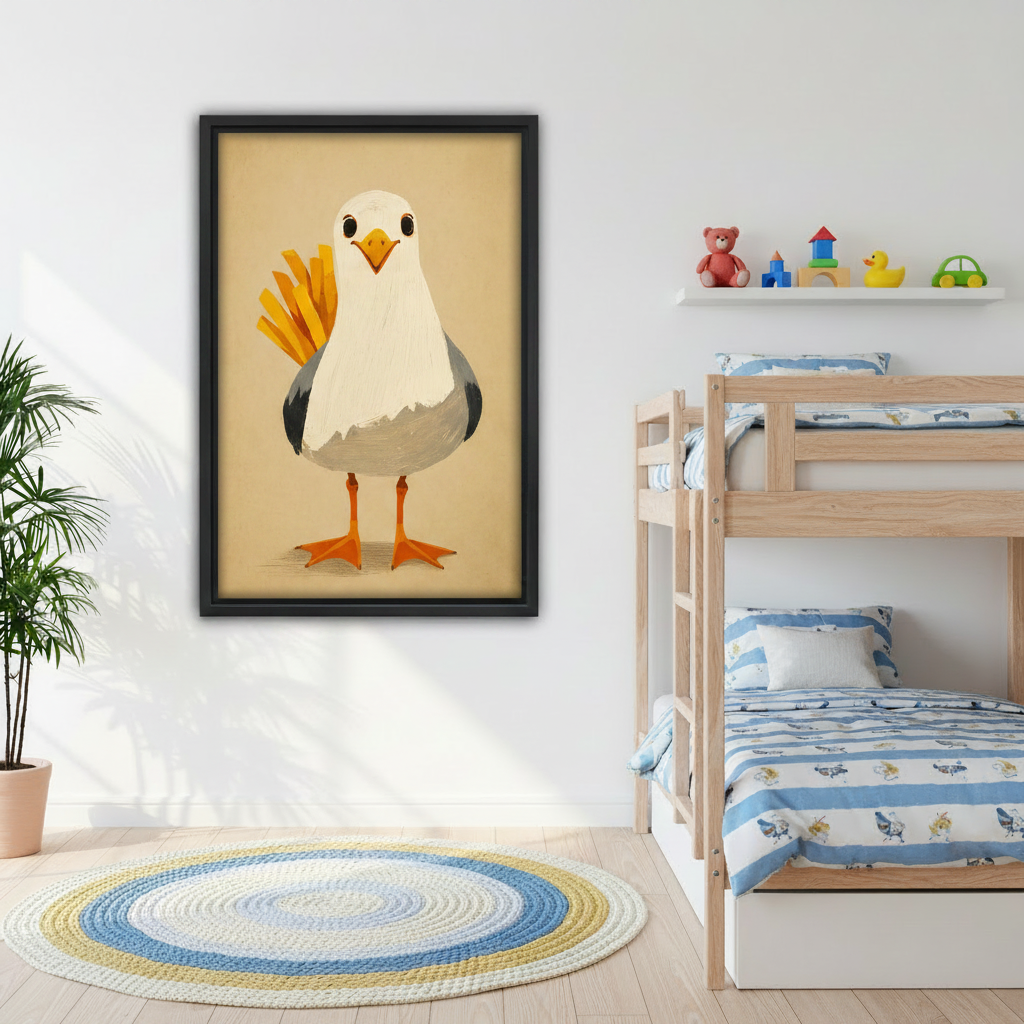 Humorous seagull wall art print in cozy bedroom above bed, funny coastal bird canvas decor for playful and cheerful living space