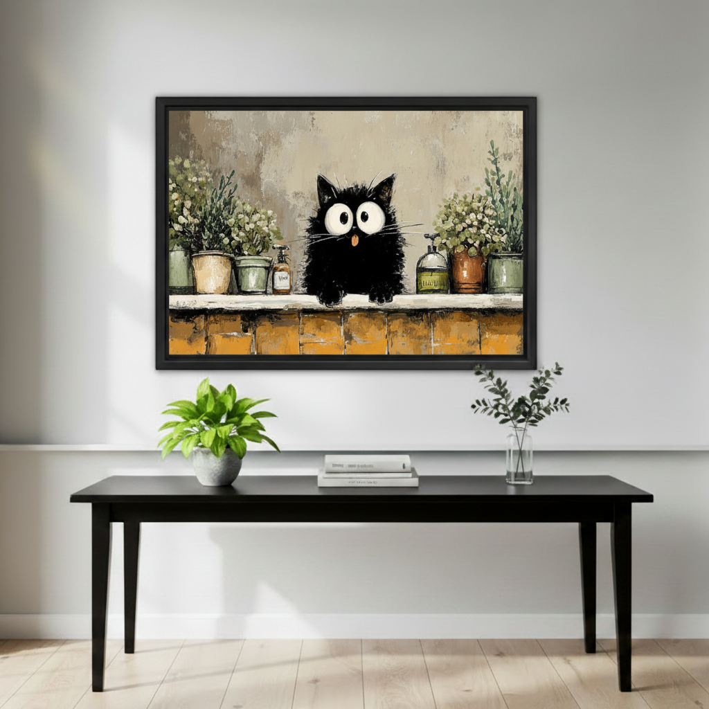 Funny black cat framed art print on wall above wooden sideboard