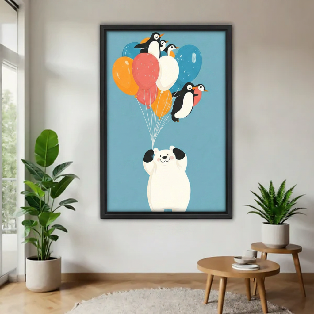 Polar bear and penguin balloon colorful canvas wall art print on sky blue background — playful animal decor for kids room and living room