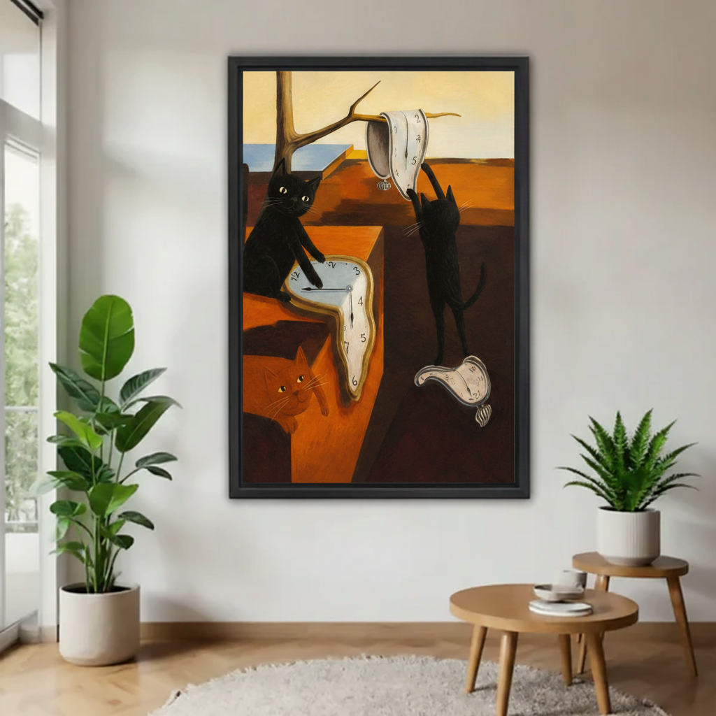 Cats and melting clocks surrealist oil painting wall art – black cats with Dali-inspired clocks, black framed canvas, eclectic living room decor