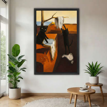 Cats and melting clocks surrealist oil painting wall art – black cats with Dali-inspired clocks, black framed canvas, eclectic living room decor
