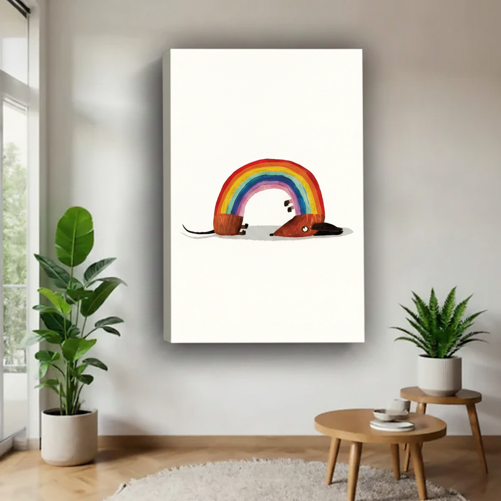 Whimsical rainbow dachshund minimalist frameless gallery wrap canvas – colorful dog arched as rainbow on clean white background, displayed in modern white living room with leafy plants and round wood table