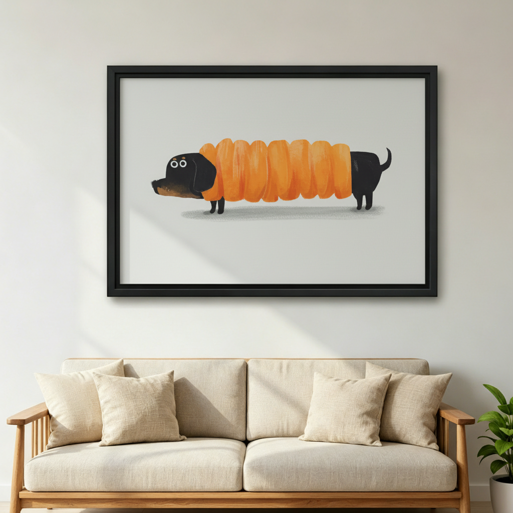 Funny dachshund in bread coil canvas print in black frame — quirky dog humor wall art for bedroom or entryway
