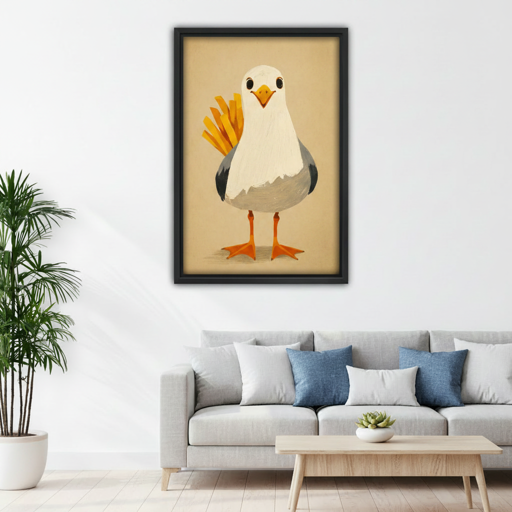 Funny seagull french fries canvas print hanging in bright living room above sofa, whimsical animal wall art for coastal home decor