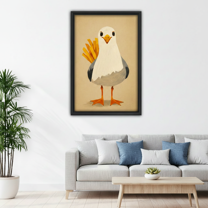 Funny seagull french fries canvas print hanging in bright living room above sofa, whimsical animal wall art for coastal home decor