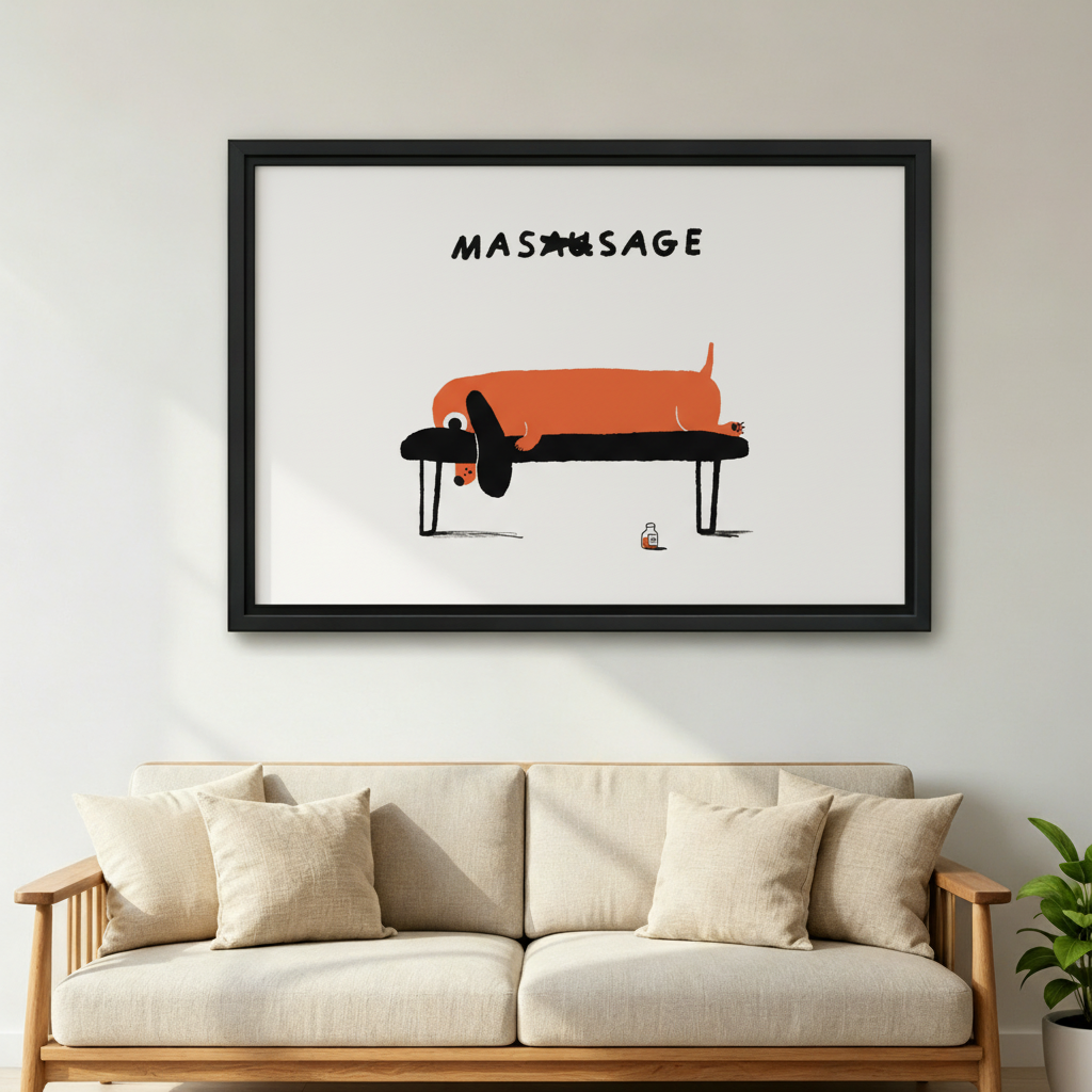 Funny dachshund massage table canvas wall art close-up — witty dog humor illustration ideal for hallway or living room display