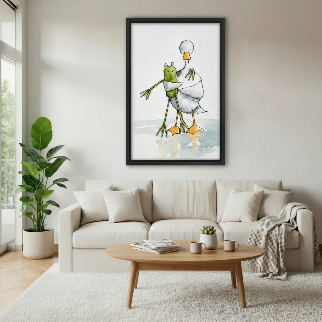 Frog hugging goose framed watercolor print above linen bed – whimsical animal wall art, minimalist bedroom decor