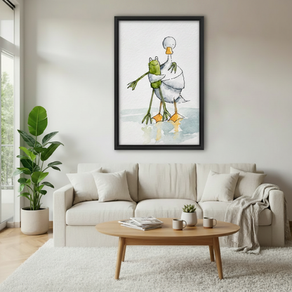Frog hugging goose framed watercolor print above linen bed – whimsical animal wall art, minimalist bedroom decor