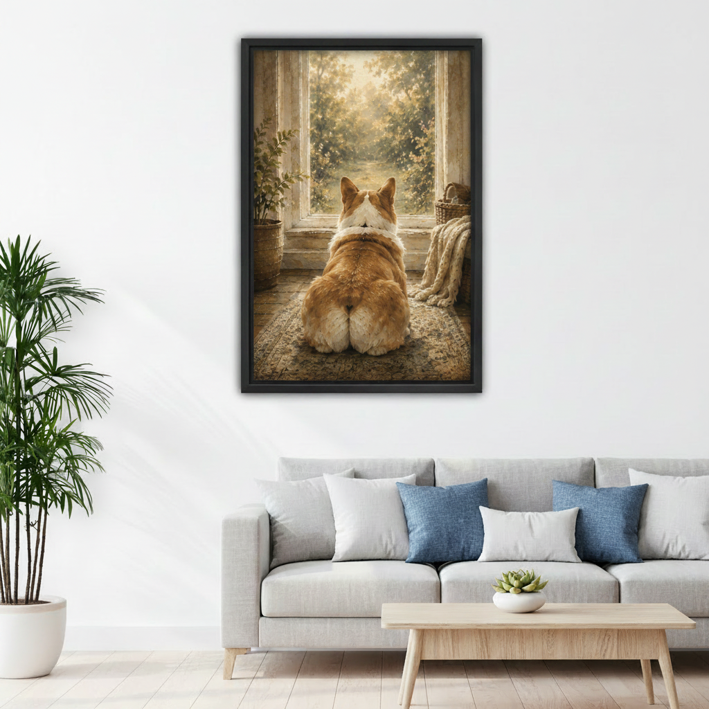 Corgi by window vintage oil painting canvas — framed print above gray sofa in a cozy living room
