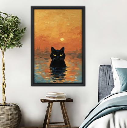 Black Cat in Sunset Waters Wall Art - Whimsical Animal Print|Liberty Signs #L621