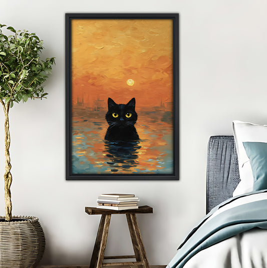 Black Cat in Sunset Waters Wall Art - Whimsical Animal Print|Liberty Signs #L621