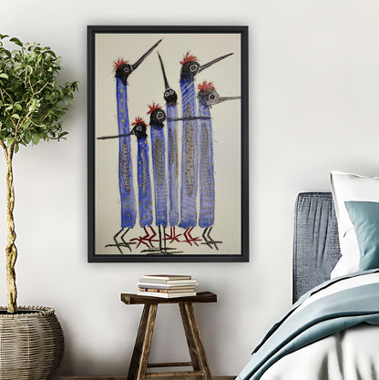 Abstract Tall Blue Birds Folk Art Print | Colorful Whimsical Bird Family Wall Art|Liberty Signs #L862