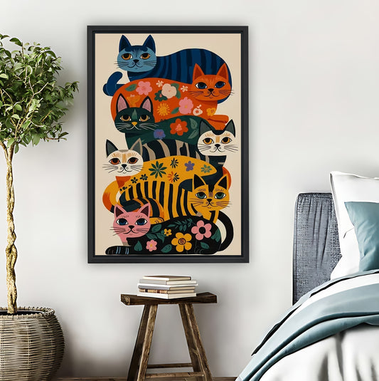 Colorful Stacked Floral Cats Mid-Century Wall Art Print| Liberty Signs #L1558