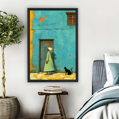 Vintage Blue Door with Cat Retro Illustration Wall Art|Liberty Signs #L873